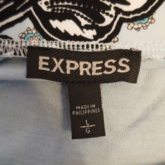 Express flutter sleeve v-neck top, powder blue w/ black paisley print,  size L - Picture 4 of 8